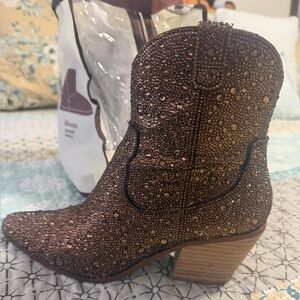Betsy Johnson Rhinestone Embellished Brown Western Ankle Boot size 8.5